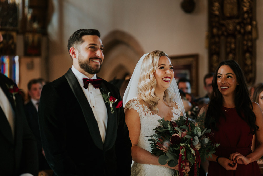 Bride Bridal Cap Sleeve Lace Overlay Dress Gown Veil Velvet Tuxedo Burgundy Bow Tie Groom Burgundy Bridesmaid Gaynes Park Wedding Kate Gray Photography