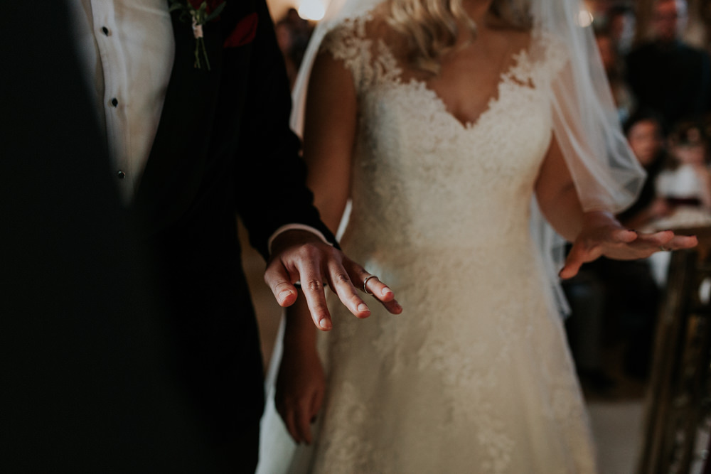 Bride Bridal Cap Sleeve Lace Overlay Dress Gown Veil Velvet Tuxedo Burgundy Bow Tie Groom Gaynes Park Wedding Kate Gray Photography