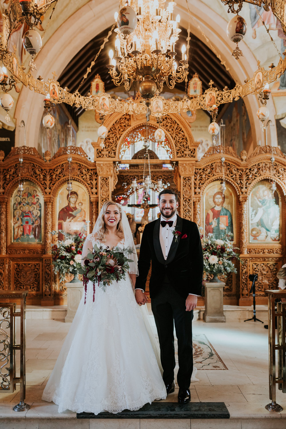 Bride Bridal Cap Sleeve Lace Overlay Dress Gown Veil Velvet Tuxedo Burgundy Bow Tie Groom Bouquet Eucalyptus Dahlia Gaynes Park Wedding Kate Gray Photography