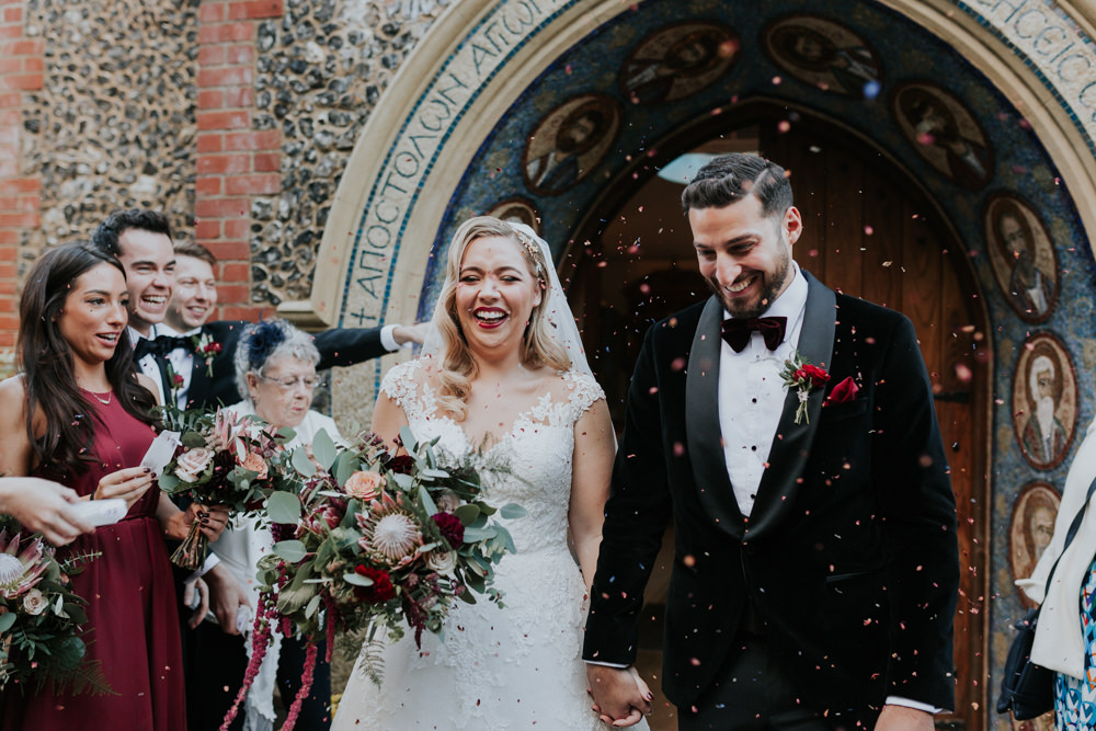 Bride Bridal Cap Sleeve Lace Overlay Dress Gown Veil Velvet Tuxedo Burgundy Bow Tie Groom Eucalyptus Dahlia Bouquet Confetti Gaynes Park Wedding Kate Gray Photography