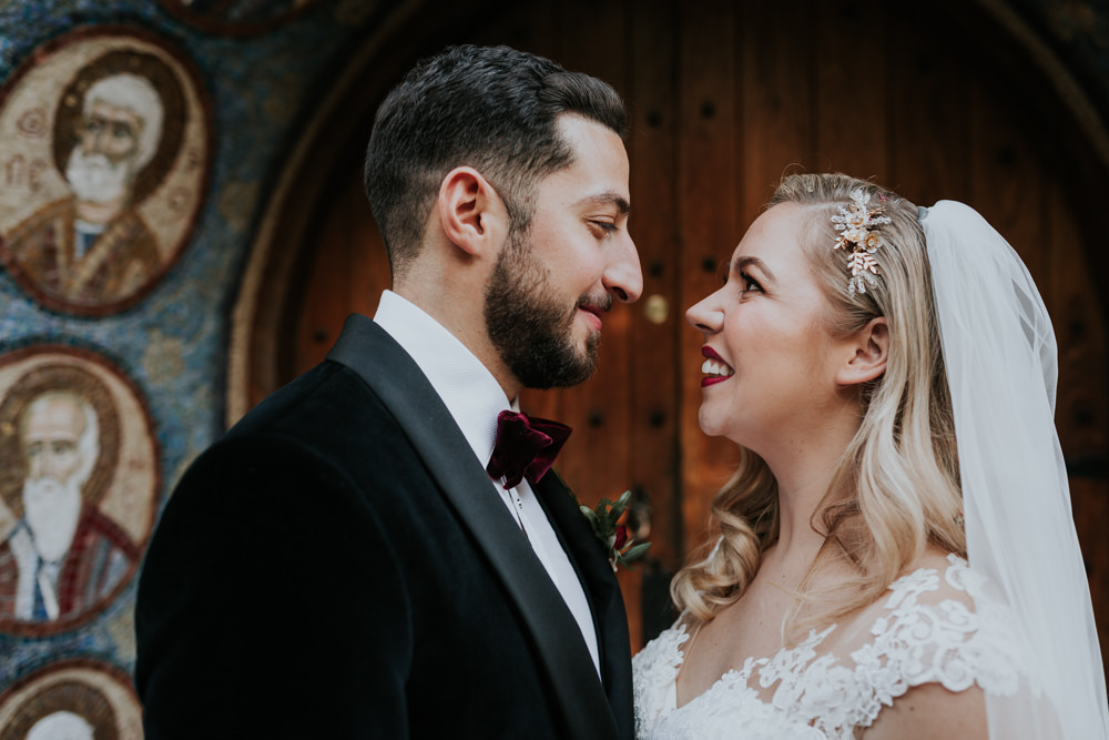 Bride Bridal Cap Sleeve Lace Overlay Dress Gown Veil Velvet Tuxedo Burgundy Bow Tie Groom Gaynes Park Wedding Kate Gray Photography