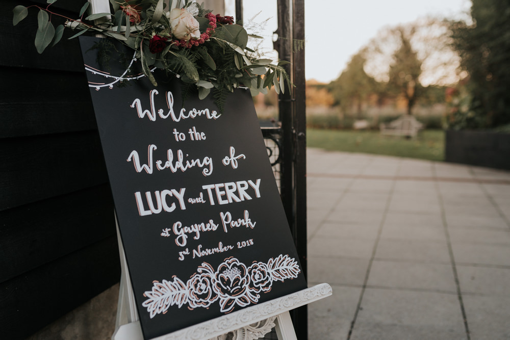 Welcome Sign Chalk Board Eucalyptus Floral Garland Gaynes Park Wedding Kate Gray Photography