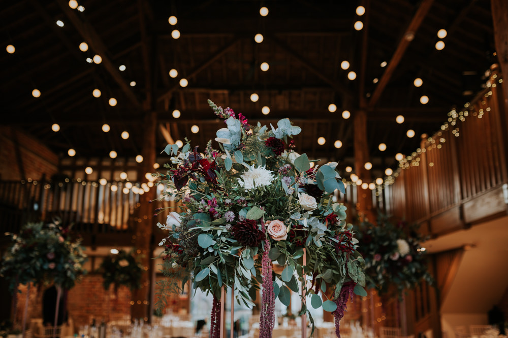 Floral Flower Plinth Eucalyptus Rose Dahlia Burgundy Festoon Lighting Gaynes Park Wedding Kate Gray Photography