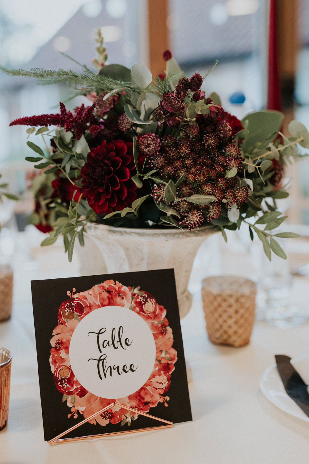 Table Number Illustrated Floral Calligraphy Dahlia Burgundy Flowers Gaynes Park Wedding Kate Gray Photography