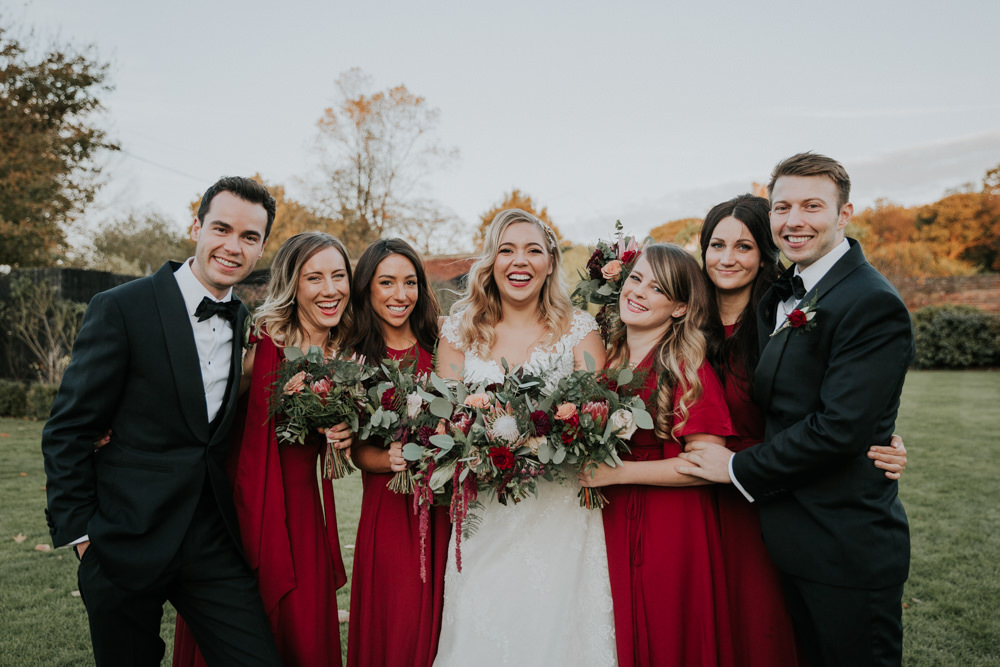 Bride Bridal Cap Sleeve Lace Overlay Dress Gown Veil uxedo Burgundy Bridesmaids Bow Tie Groom Groomsmen Gaynes Park Wedding Kate Gray Photography
