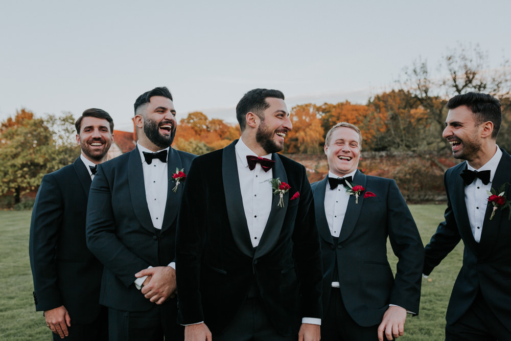 Velvet Tuxedo Burgundy Bow Tie Groom Gaynes Park Wedding Kate Gray Photography