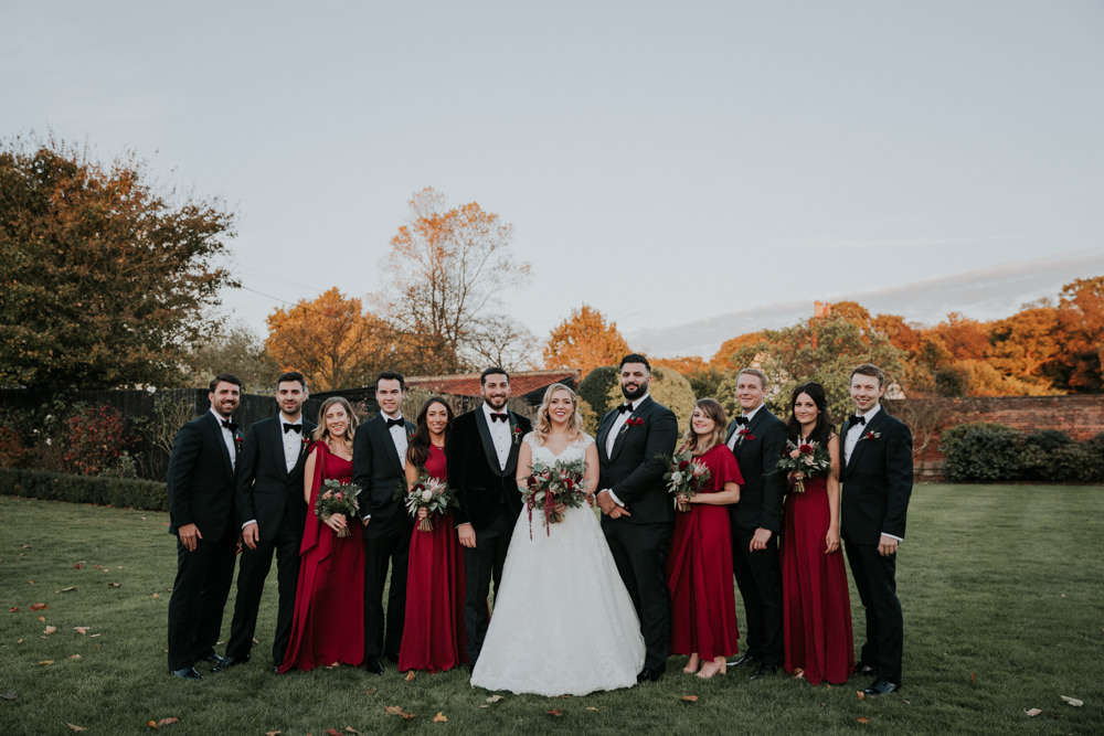 Bride Bridal Cap Sleeve Lace Overlay Dress Gown Veil Velvet Tuxedo Burgundy Bow Tie Groom Bridesmaids Gaynes Park Wedding Kate Gray Photography
