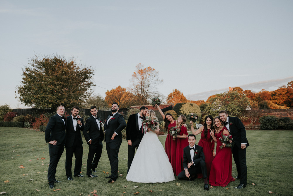 Bride Bridal Cap Sleeve Lace Overlay Dress Gown Veil Velvet Tuxedo Burgundy Bow Tie Groom Bridesmaids Silly Pose Gaynes Park Wedding Kate Gray Photography