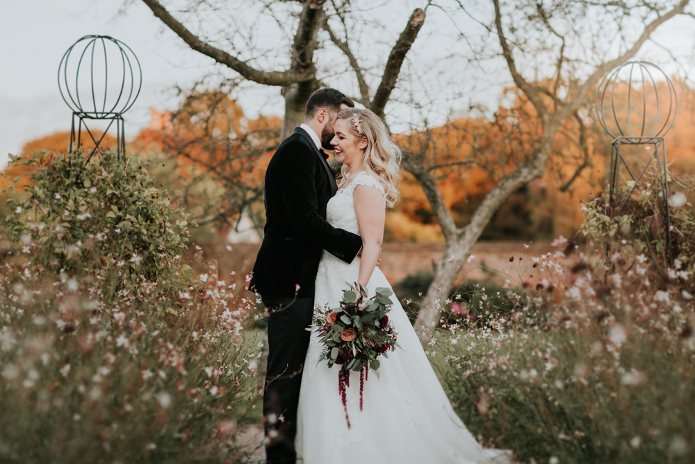 Bride Bridal Cap Sleeve Lace Overlay Dress Gown Velvet Tuxedo Burgundy Bow Tie Groom Gaynes Park Wedding Kate Gray Photography