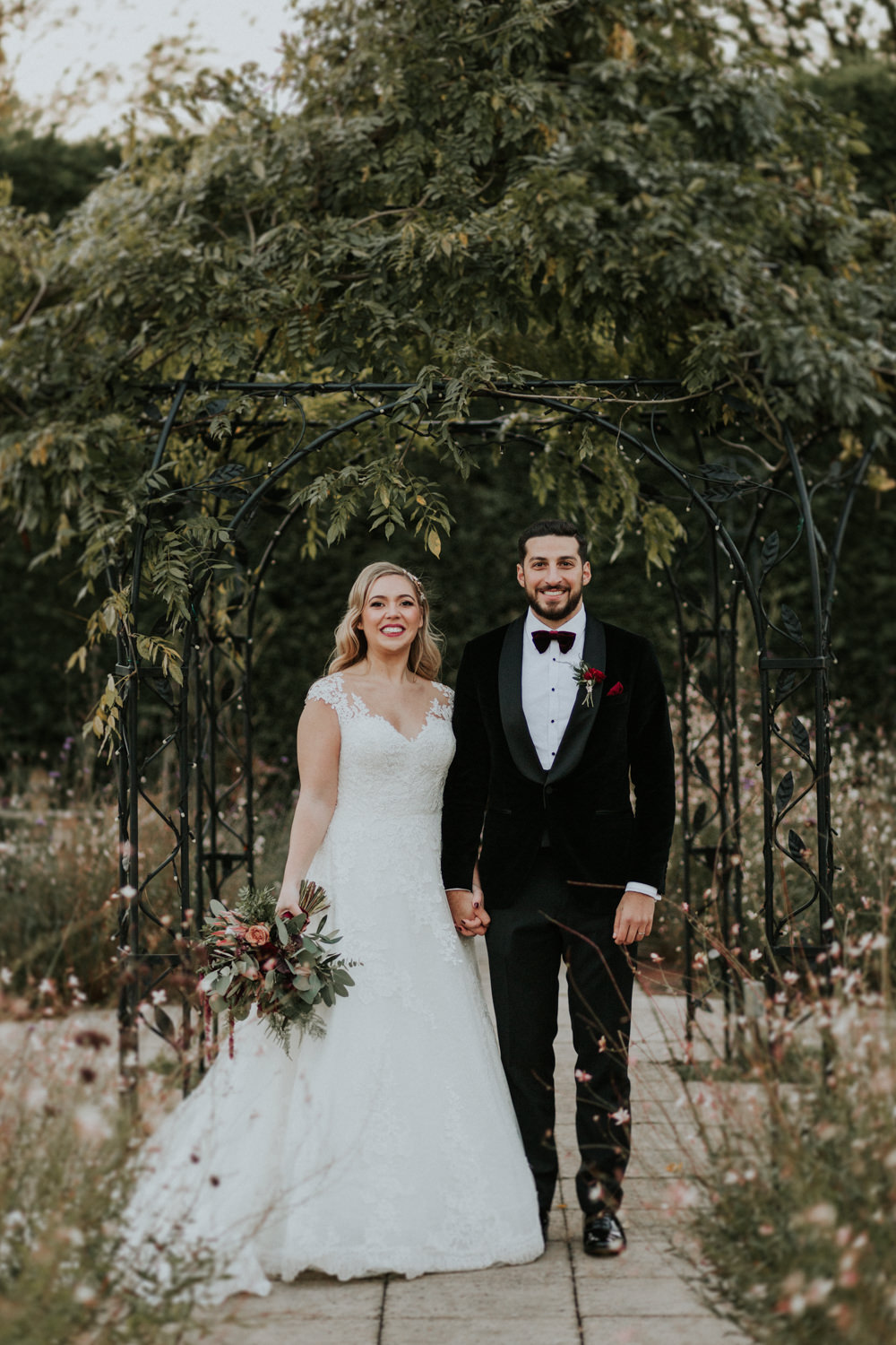 Bride Bridal Cap Sleeve Lace Overlay Dress Gown Velvet Tuxedo Burgundy Bow Tie Groom Gaynes Park Wedding Kate Gray Photography