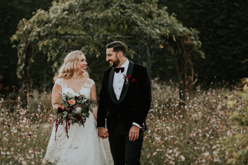 Bride Bridal Cap Sleeve Lace Overlay Dress Gown Velvet Tuxedo Burgundy Bow Tie Groom Bouquet Eucalyptus Dahlia Gaynes Park Wedding Kate Gray Photography