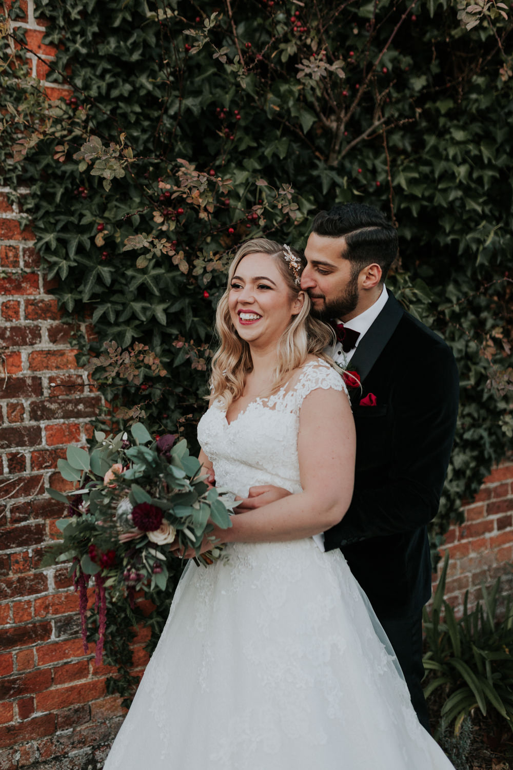 Bride Bridal Cap Sleeve Lace Overlay Dress Gown Veil Velvet Tuxedo Burgundy Bow Tie Groom Greenery Eucalyptus Bouquet Dahlia Rose Gaynes Park Wedding Kate Gray Photography