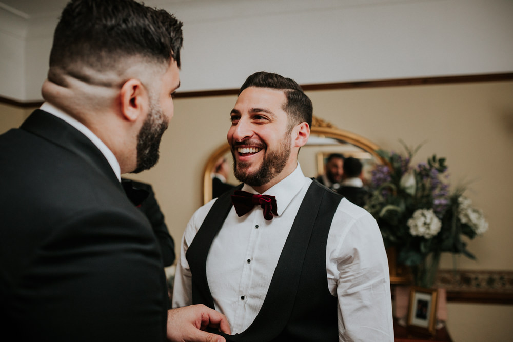 Groom Bib Waistcoat Burgundy Bow Tie Gaynes Park Wedding Kate Gray Photography