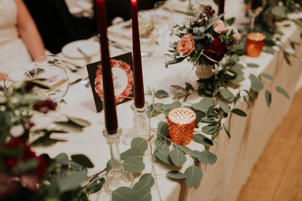 Burgundy Candle Glass Candlesticks Eucalyptus Top Table Gaynes Park Wedding Kate Gray Photography