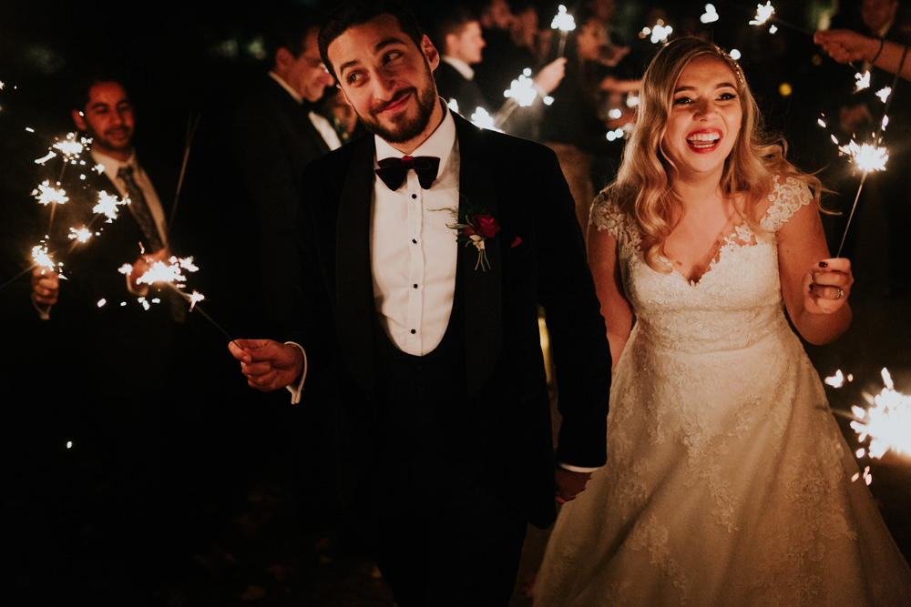 Bride Bridal Cap Sleeve Lace Overlay Dress Gown Velvet Tuxedo Burgundy Bow Tie Groom Sparklers Gaynes Park Wedding Kate Gray Photography