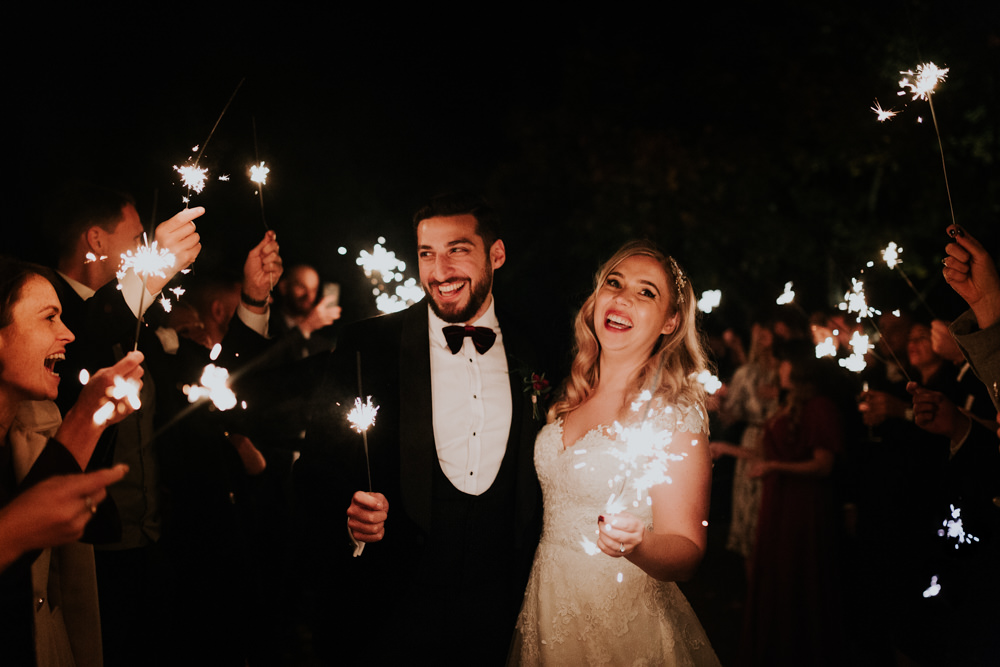 Bride Bridal Cap Sleeve Lace Overlay Dress Gown Velvet Tuxedo Burgundy Bow Tie Groom Sparklers Gaynes Park Wedding Kate Gray Photography