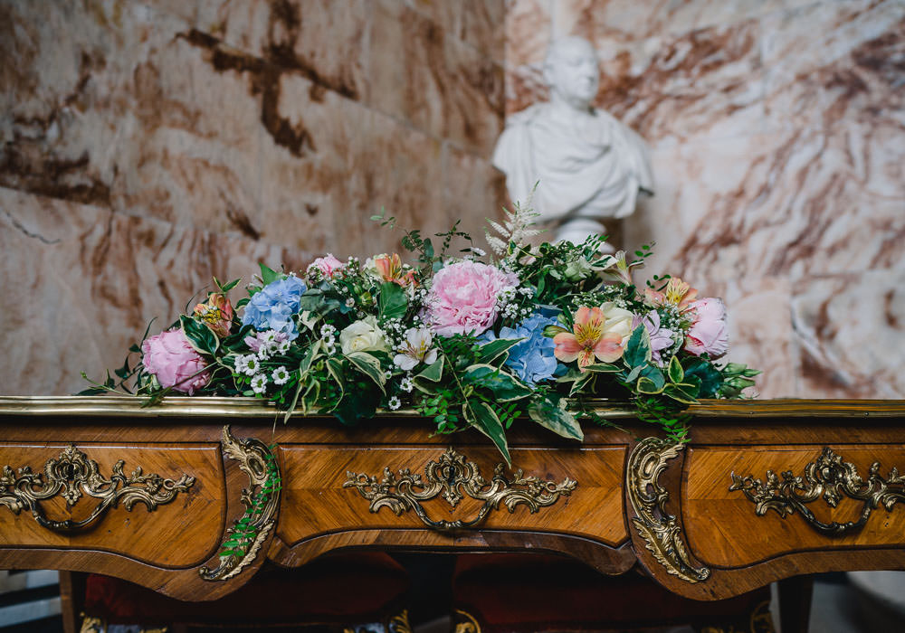 Ceremony Table Flower Arrangement Pink Blue Peony Peonies Holkham Hall Wedding Luis Holden Photography