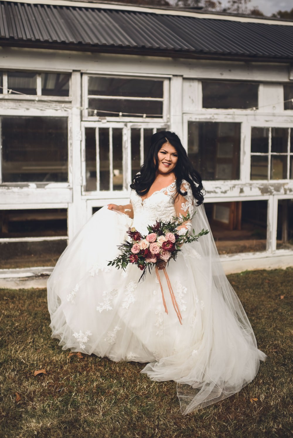 Bride Bridal Dress Gown Lace Sleeves Train Veil Kindred Barn Wedding The Kindred Collective
