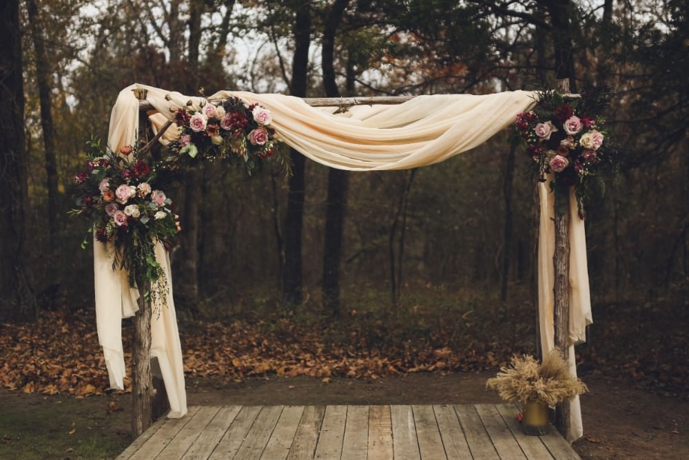 Flower Arch Backdrop Drapes Fabric Ceremony Aisle Kindred Barn Wedding The Kindred Collective