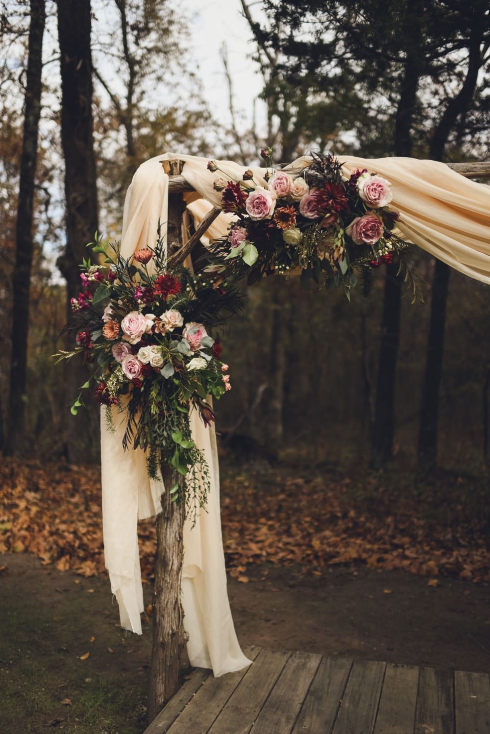 Flower Arch Backdrop Drapes Fabric Ceremony Aisle Kindred Barn Wedding The Kindred Collective