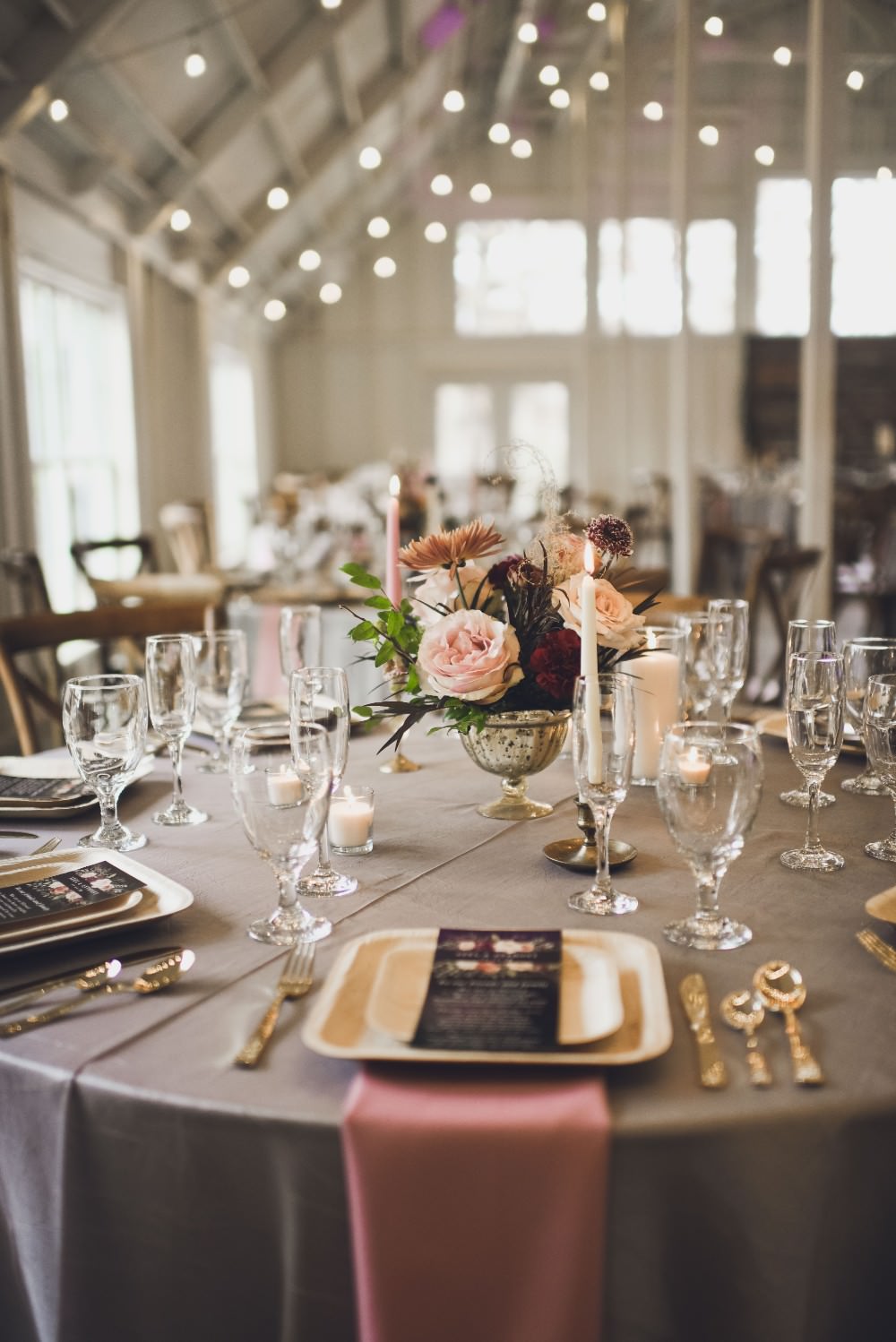 Table Decor Tablescape Flowers Pink Grey Flowers Centrepiece Candles Festoon Lights Kindred Barn Wedding The Kindred Collective