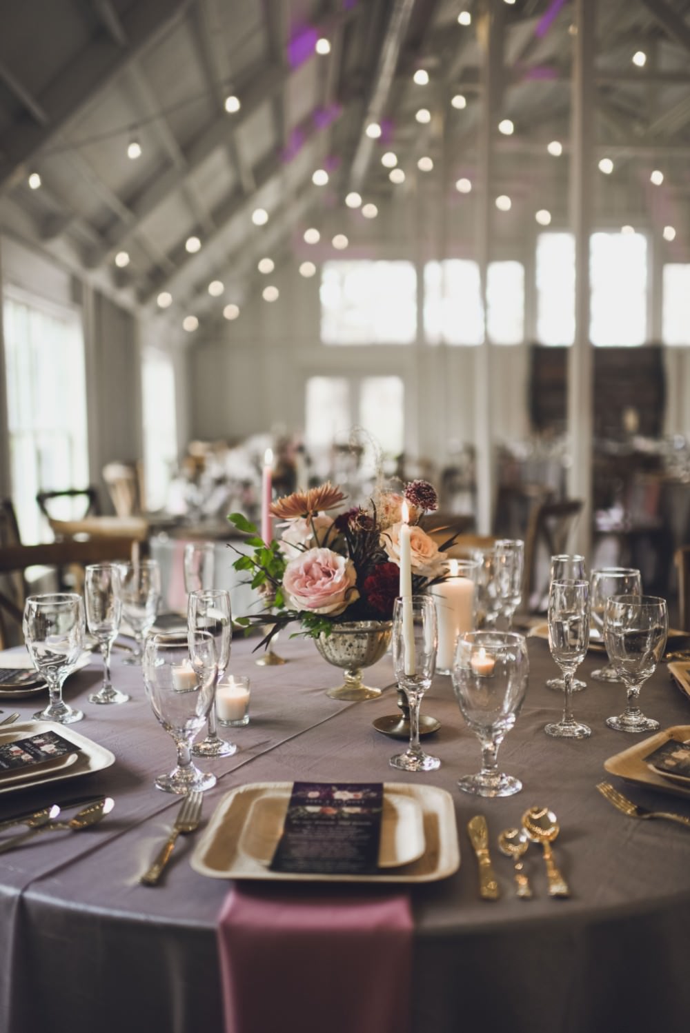 Table Decor Tablescape Flowers Pink Grey Flowers Centrepiece Candles Festoon Lights Kindred Barn Wedding The Kindred Collective
