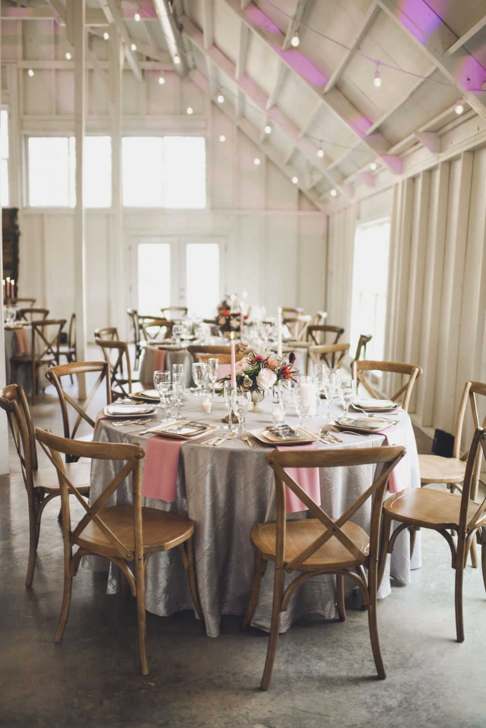 Table Decor Tablescape Flowers Pink Grey Flowers Centrepiece Candles Festoon Lights Kindred Barn Wedding The Kindred Collective