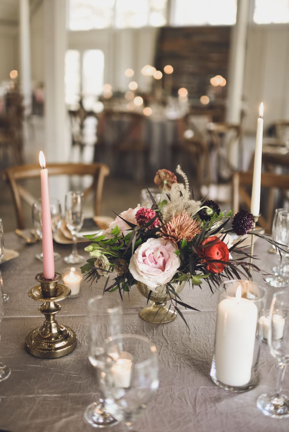 Table Decor Tablescape Flowers Pink Grey Flowers Centrepiece Candles Kindred Barn Wedding The Kindred Collective