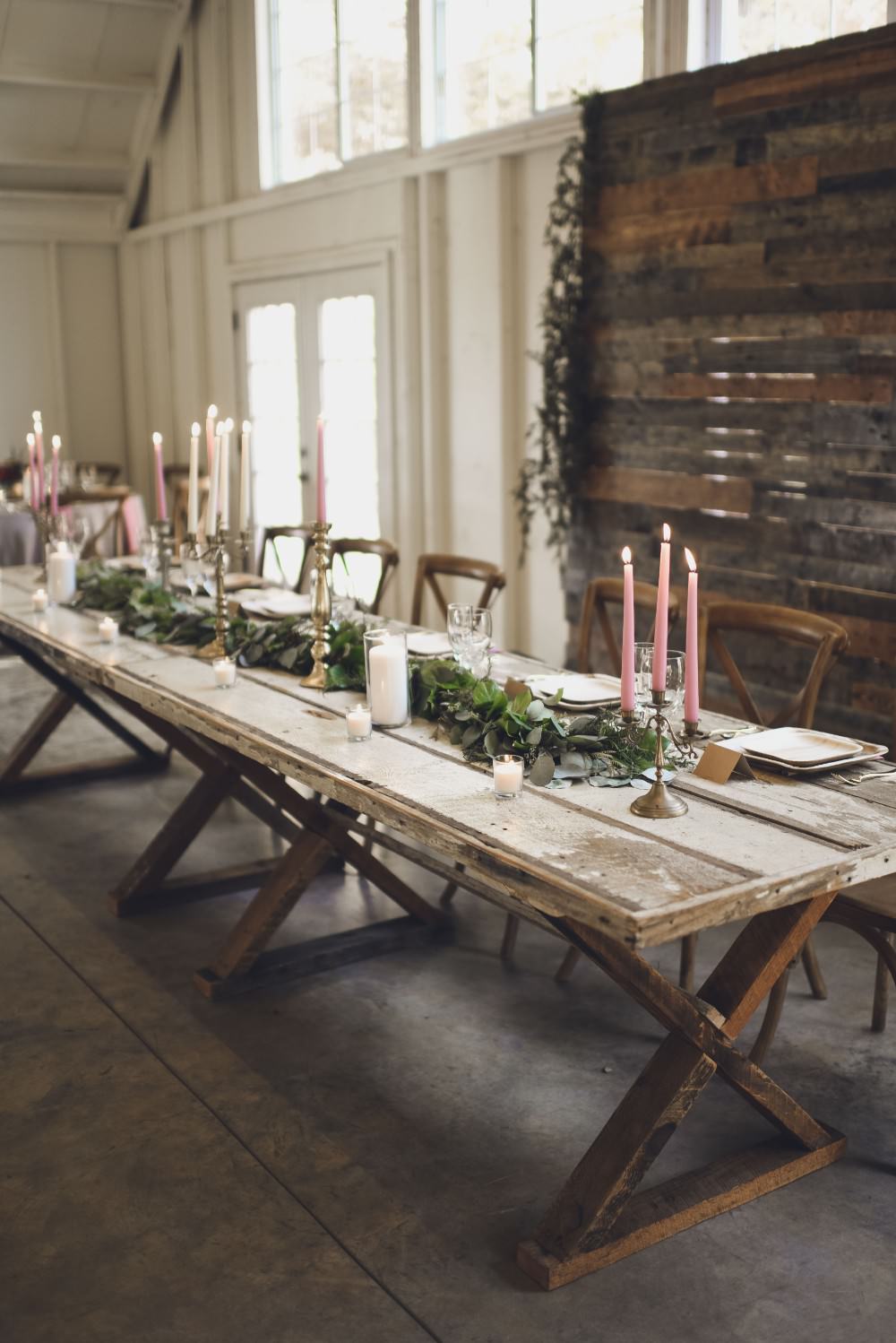 Table Decor Tablescape Flowers Pink Grey Flowers Centrepiece Candles Garland Swag Greenery Top Table Kindred Barn Wedding The Kindred Collective