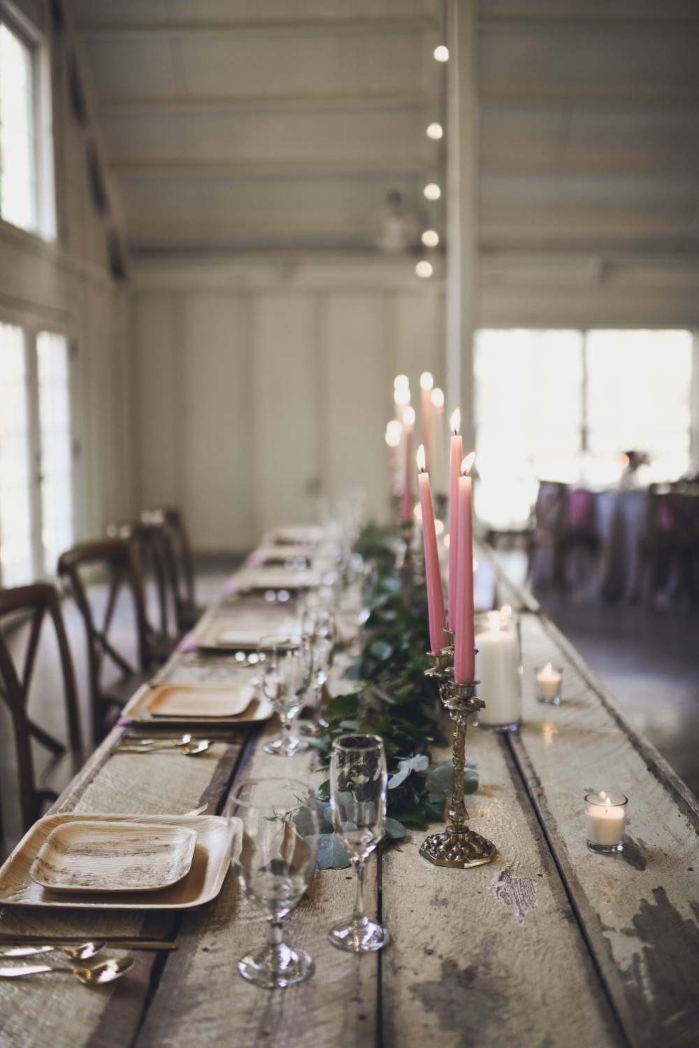 Table Decor Tablescape Flowers Pink Grey Flowers Centrepiece Candles Garland Swag Greenery Top Table Kindred Barn Wedding The Kindred Collective