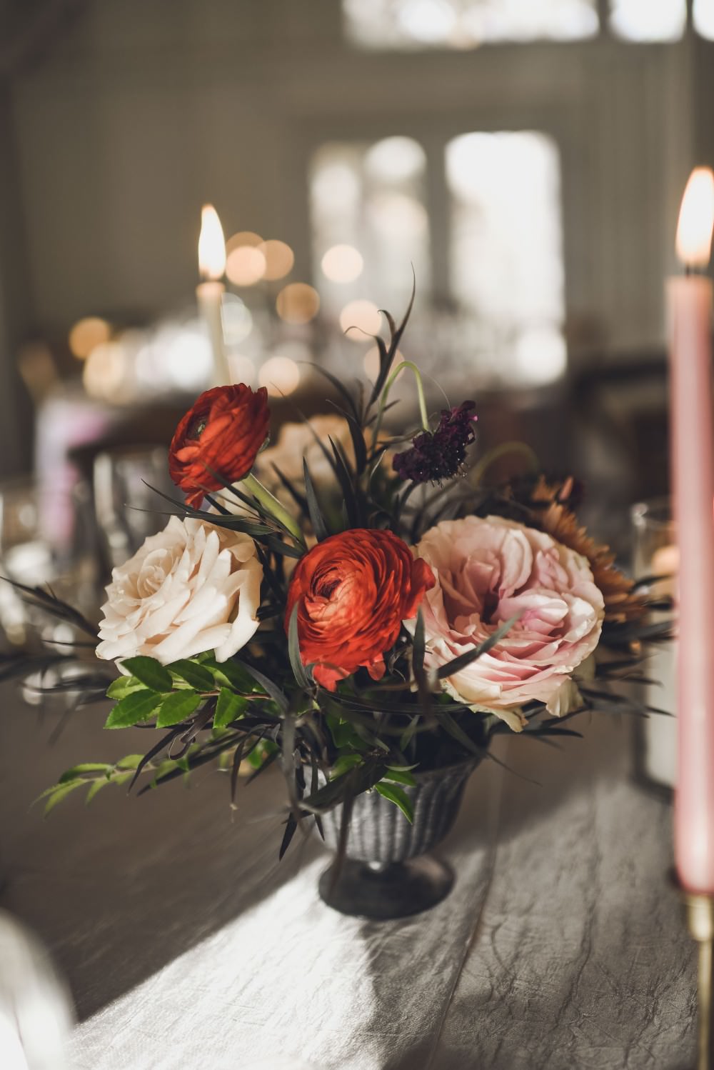 Table Flowers Centrepiece Decor Pink Red Kindred Barn Wedding The Kindred Collective