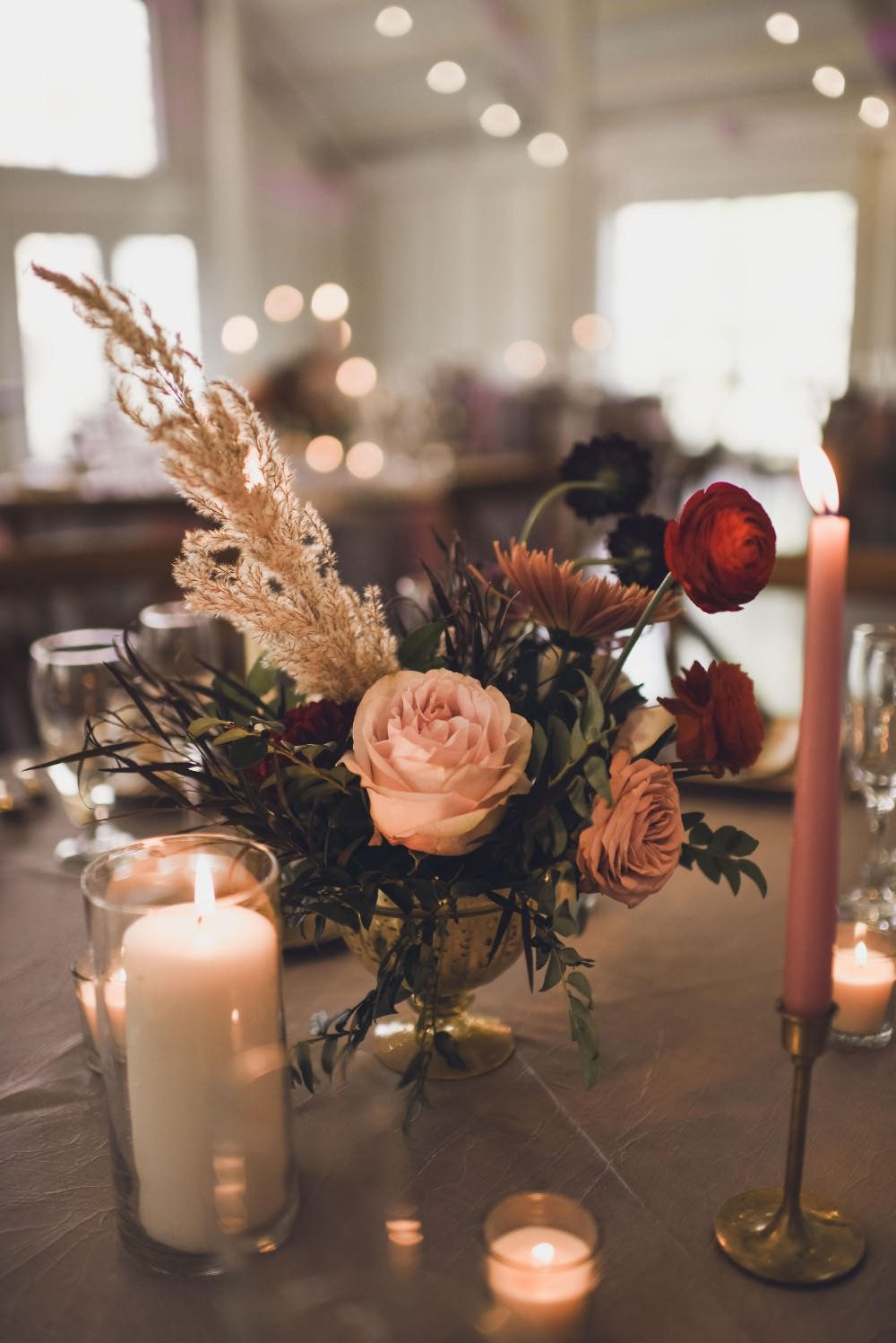 Table Flowers Centrepiece Decor Pink Red Pampas Grass Kindred Barn Wedding The Kindred Collective