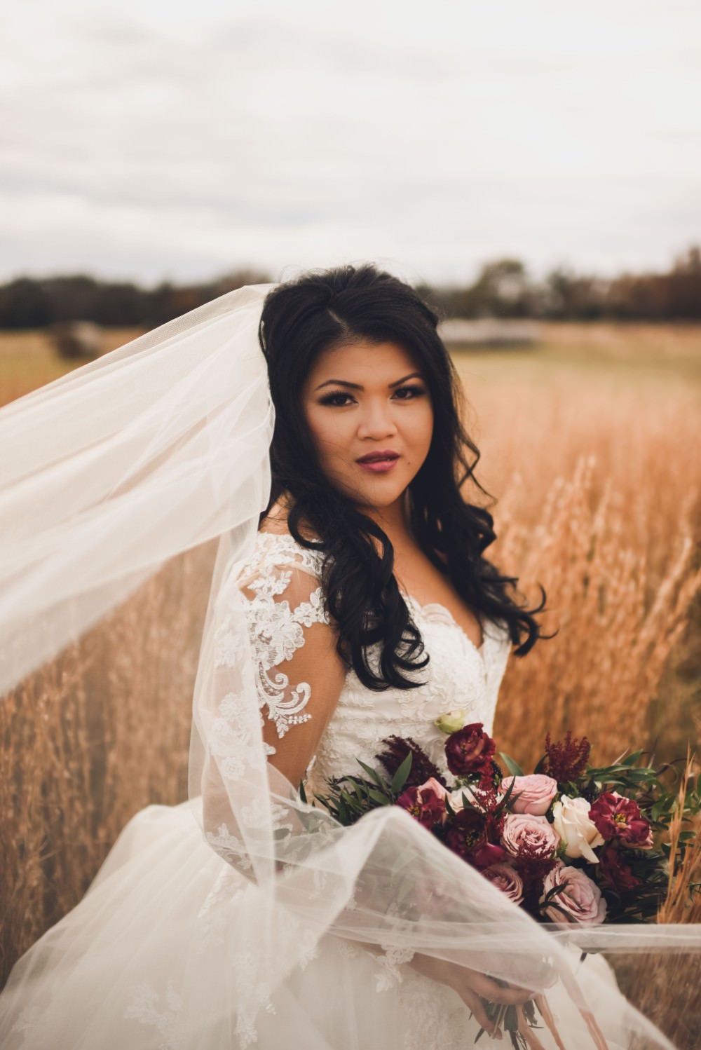 Bride Bridal Dress Gown Lace Sleeves Train Veil Hair Make Up Kindred Barn Wedding The Kindred Collective