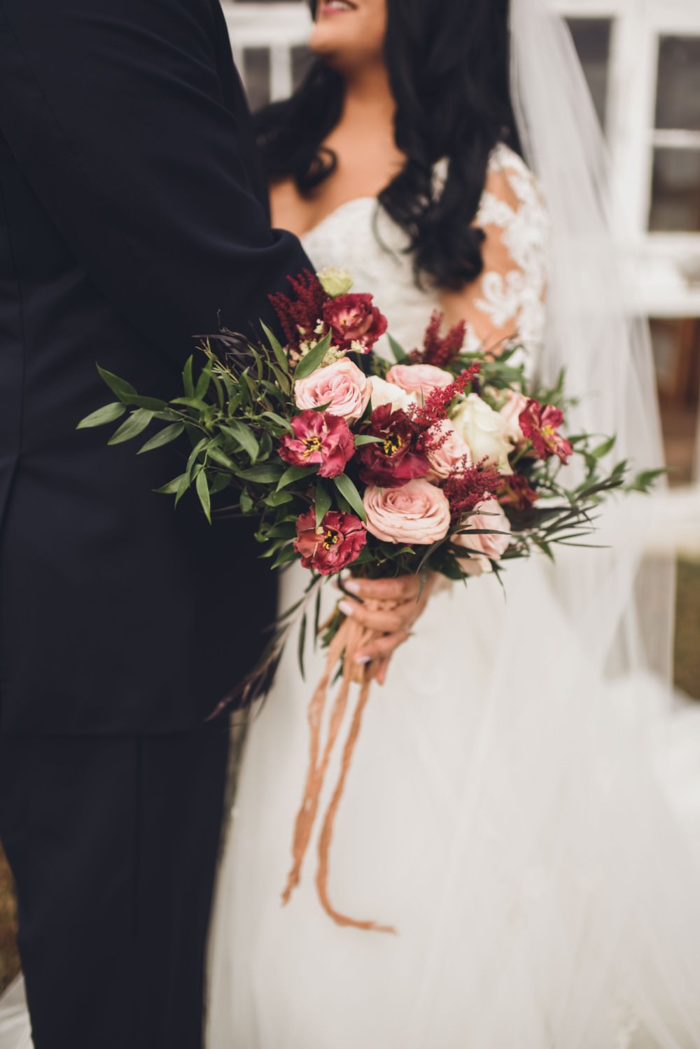 Bouquet Flowers Pink Red Rose Greenery Foliage Bride Bridal Kindred Barn Wedding The Kindred Collective