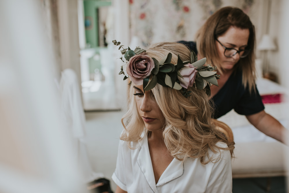 Bride Bridal Hair Curls Waves Flower Crown Millhouse Wedding Louise Scott Photography