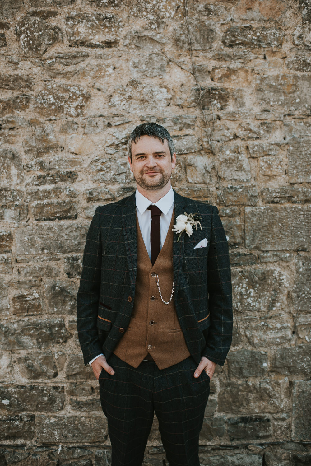 Groom Suit Check Waistcoat Tan Camel Tie Millhouse Wedding Louise Scott Photography