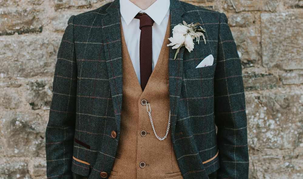 Groom Suit Check Waistcoat Tan Camel Tie Millhouse Wedding Louise Scott Photography