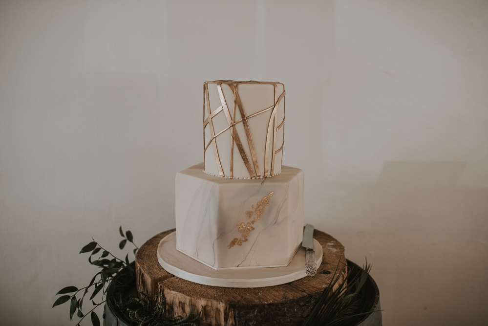 Cake Hexagonal Round Marble Gold Millhouse Wedding Louise Scott Photography