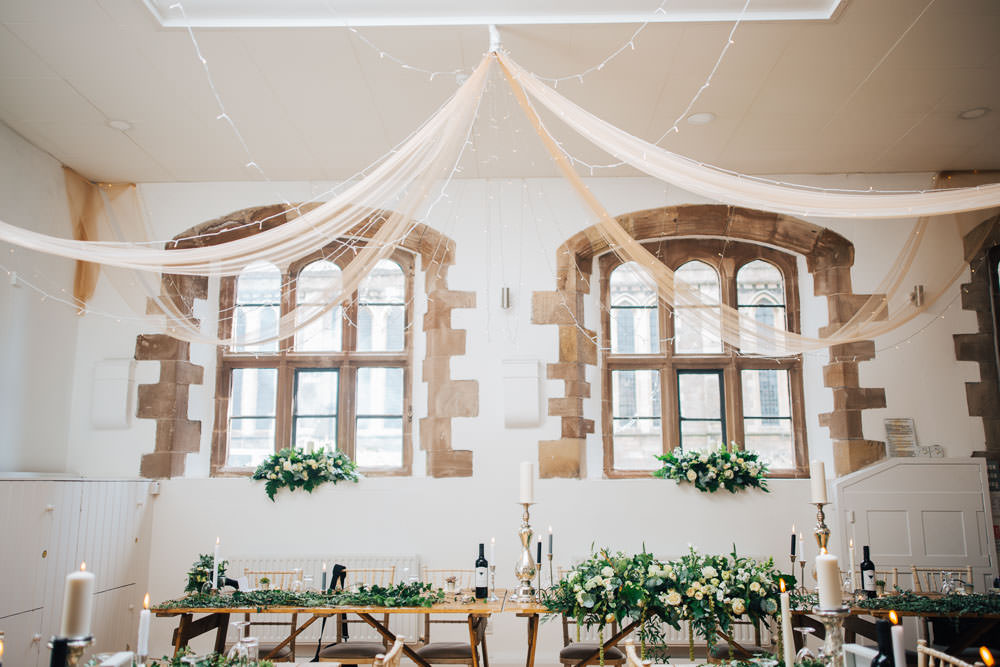 Long Trestle Table Decor Greenery Foliage Drapes Decor Monmouth Priory Wedding Loveseen Photography
