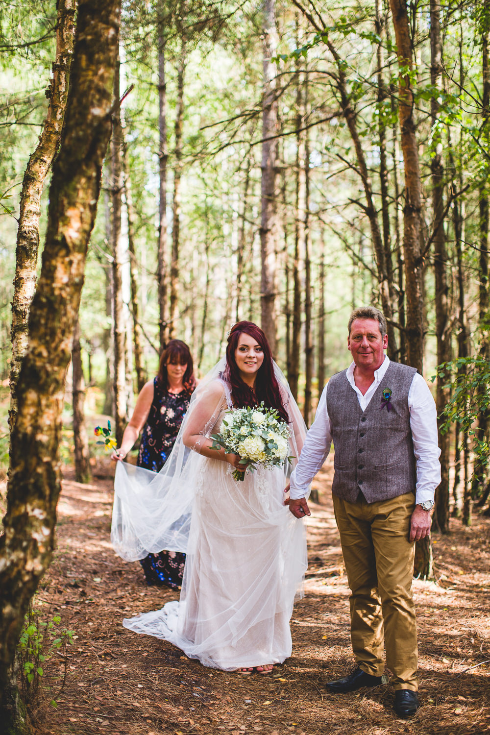 Bride Bridal Wed2B Dress Gown Sleeveless Overlay Veil Tweed Waistcoat Chinos Moors Valley Country Park Wedding Livvy Hukins Photography