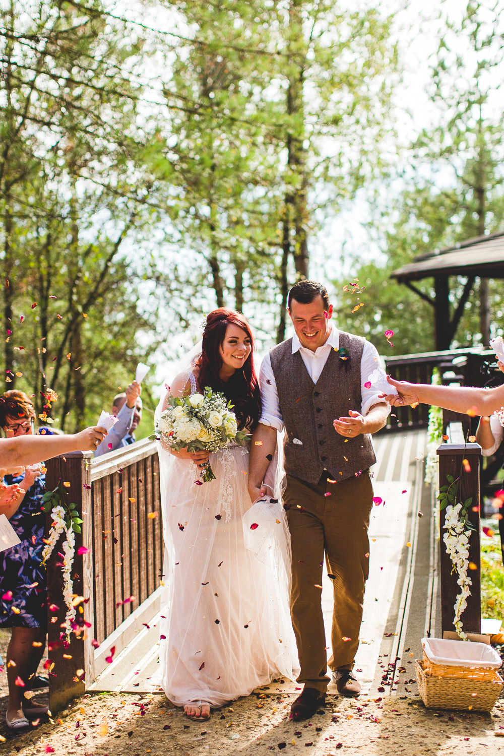 Bride Bridal Wed2B Dress Gown Sleeveless Overlay Veil Tweed Waistcoat Chinos Groom White Flower Bouquet Confetti Moors Valley Country Park Wedding Livvy Hukins Photography