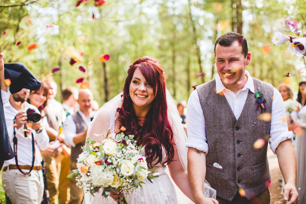 Bride Bridal Wed2B Dress Gown Sleeveless Overlay Veil Tweed Waistcoat Chinos Groom White Flower Bouquet Confetti Moors Valley Country Park Wedding Livvy Hukins Photography