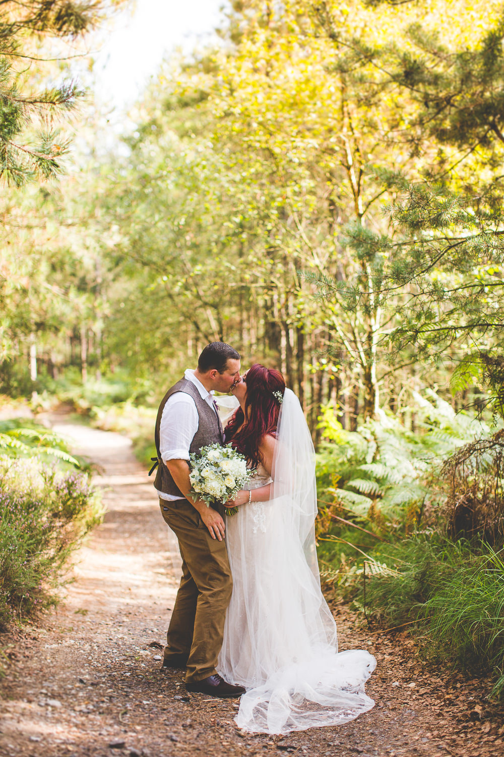 Bride Bridal Wed2B Dress Gown Sleeveless Overlay Veil Tweed Waistcoat Chinos Groom White Flower Bouquet Moors Valley Country Park Wedding Livvy Hukins Photography