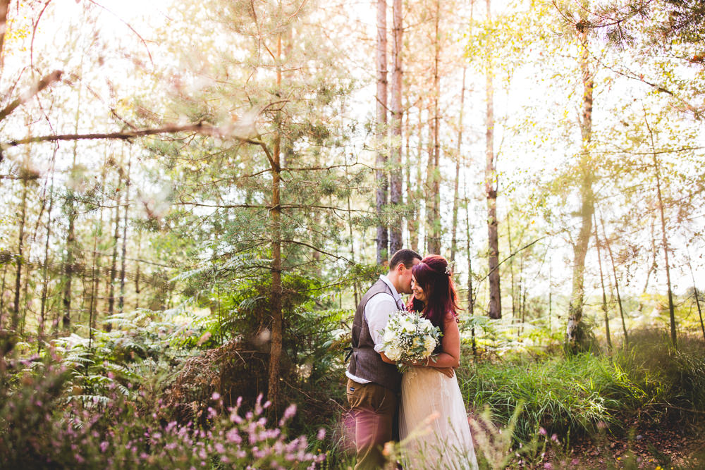 Bride Bridal Wed2B Dress Gown Sleeveless Overlay Veil Tweed Waistcoat Chinos Groom White Flower Bouquet Moors Valley Country Park Wedding Livvy Hukins Photography