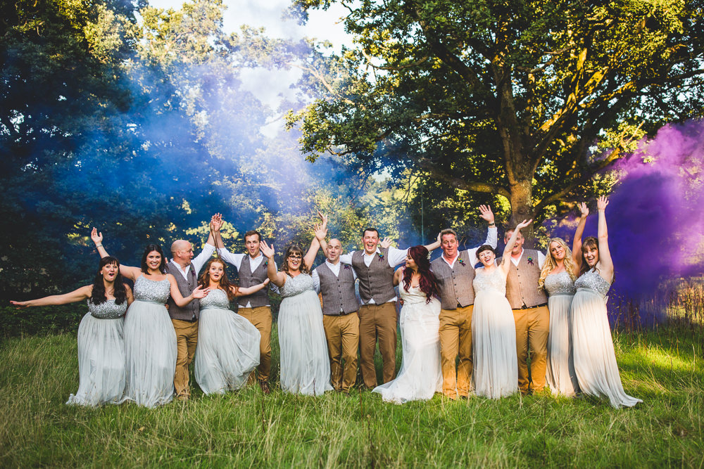 Bride Groom Bridesmaids Groomsmen Tweed Waistcoat Chinos Smoke Bombs Moors Valley Country Park Wedding Livvy Hukins Photography