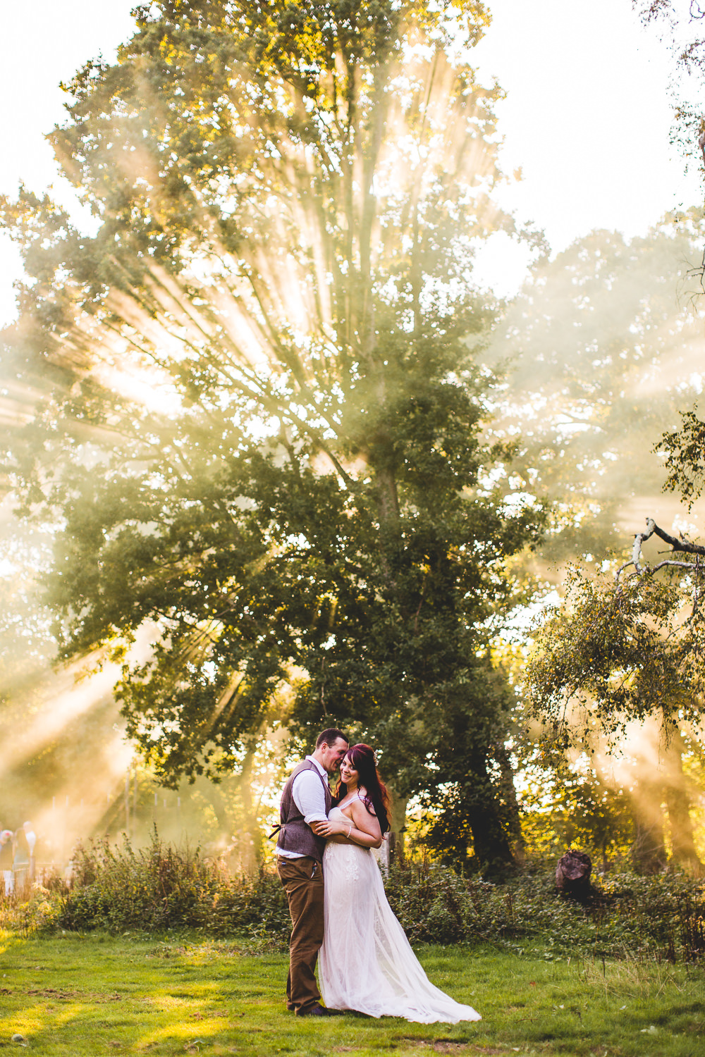 Bride Bridal Wed2B Dress Gown Sleeveless Overlay Veil Tweed Waistcoat Chinos Groom Moors Valley Country Park Wedding Livvy Hukins Photography