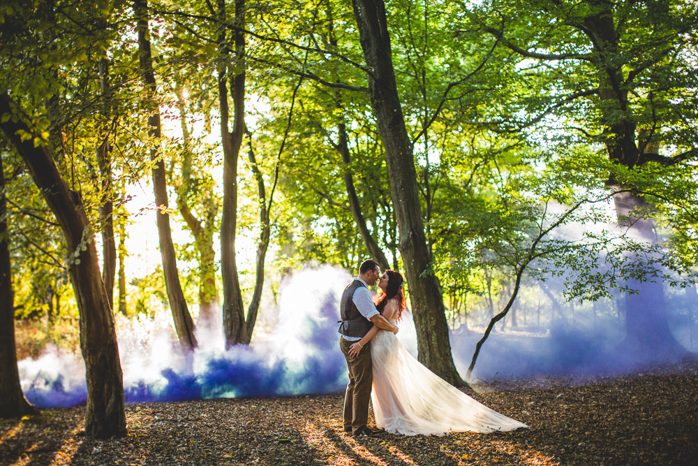 Bride Bridal Wed2B Dress Gown Sleeveless Overlay Veil Tweed Waistcoat Chinos Groom Smoke Bomb Moors Valley Country Park Wedding Livvy Hukins Photography
