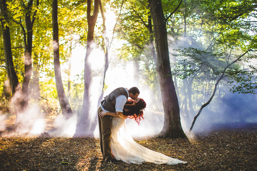 Bride Bridal Wed2B Dress Gown Sleeveless Overlay Veil Tweed Waistcoat Chinos Groom Smoke Bomb Moors Valley Country Park Wedding Livvy Hukins Photography