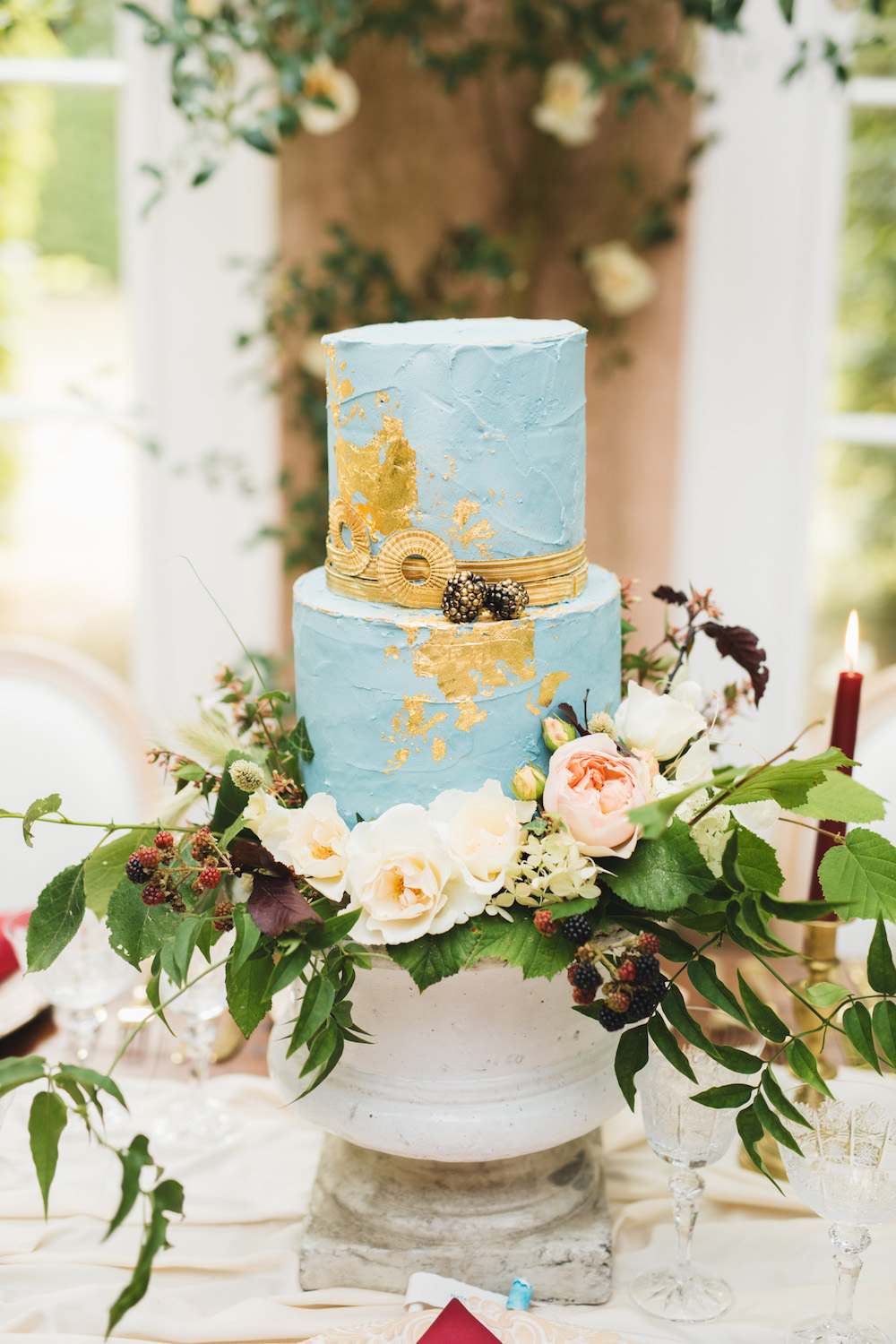 Cake Blue Gold Leaf Textured Orangery Wedding Ideas Cat Lane Weddings