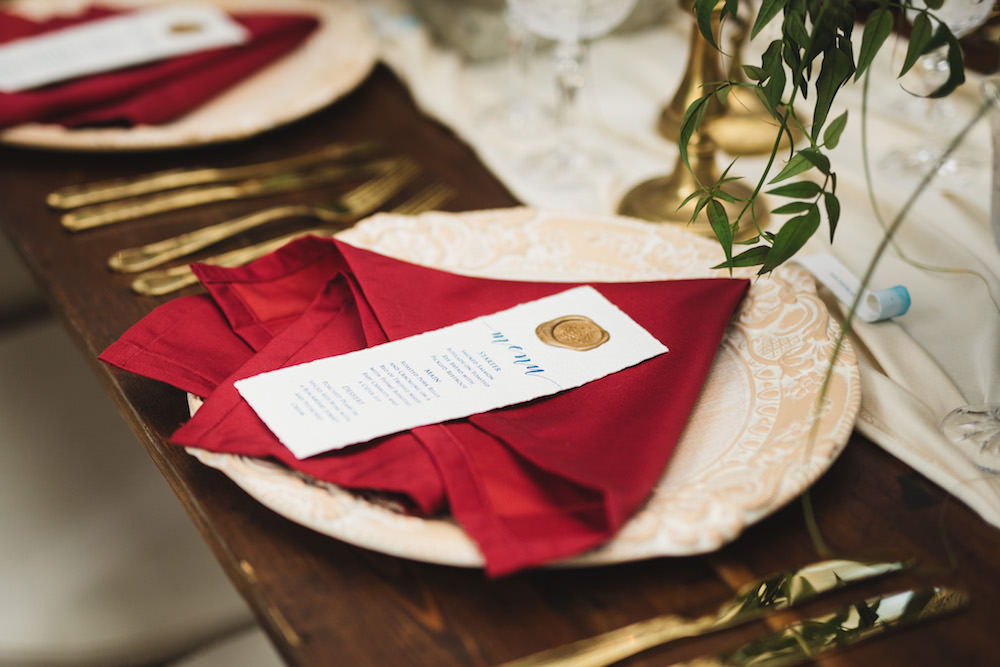 Place Setting Decor Red Gold Plates Cutlery Orangery Wedding Ideas Cat Lane Weddings